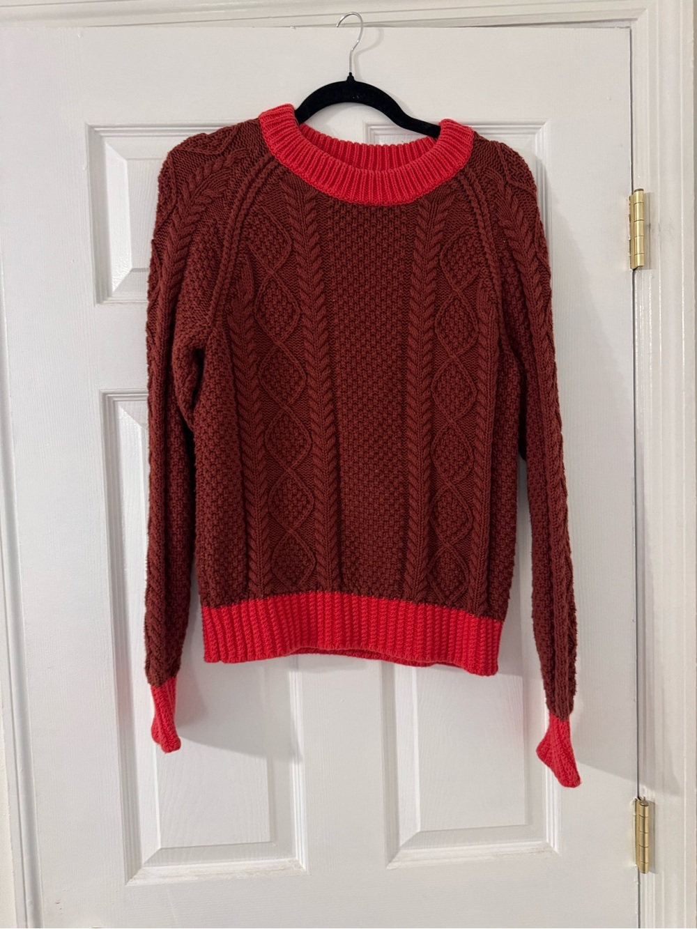 L.L. Bean Two-Tone Cable Crew Sweater - Burgundy with Red Trim